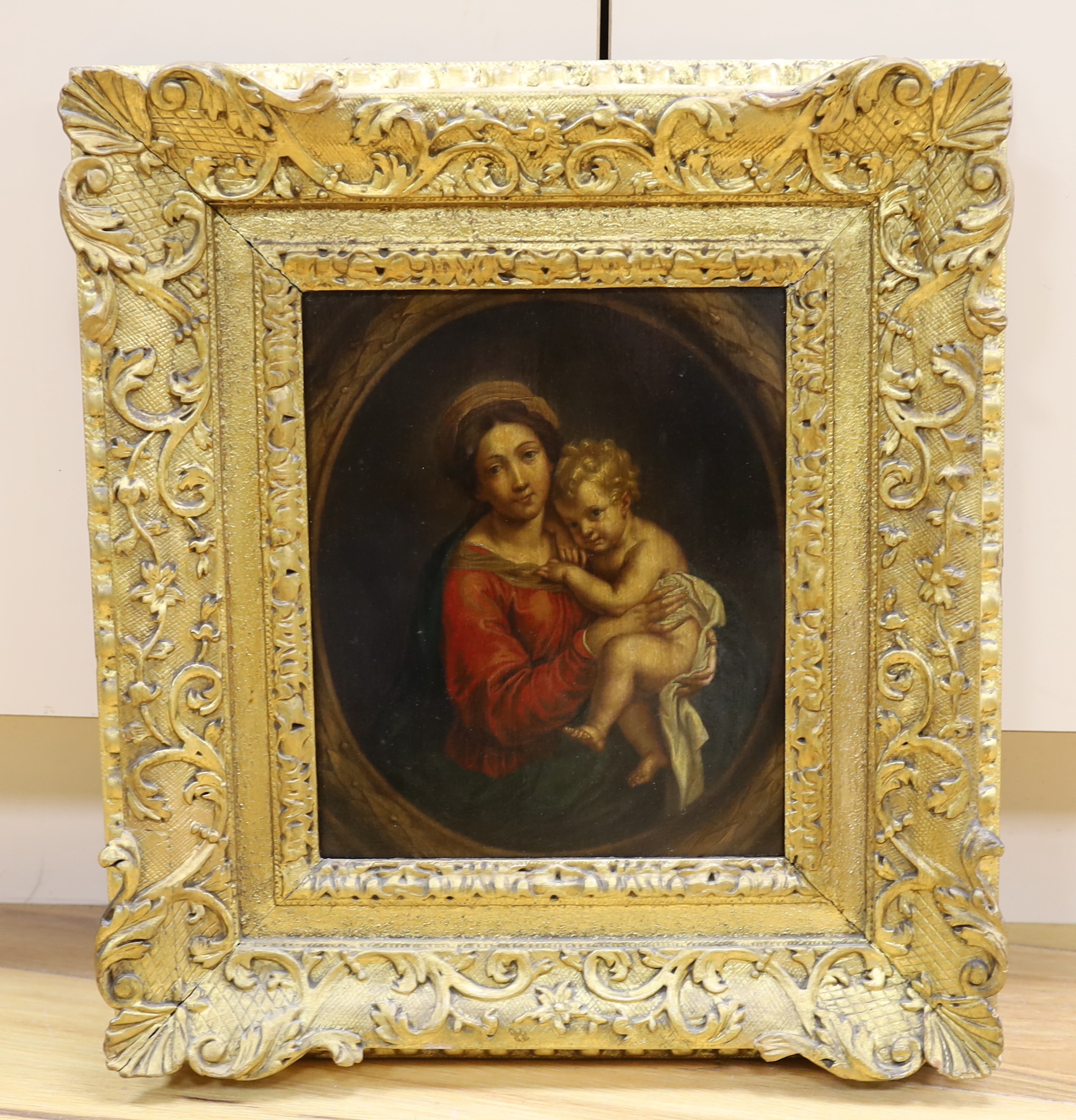 After Murillo (Spanish, 1617-1682), oil on panel, Portrait of the Virgin and child, 26 x 21cm